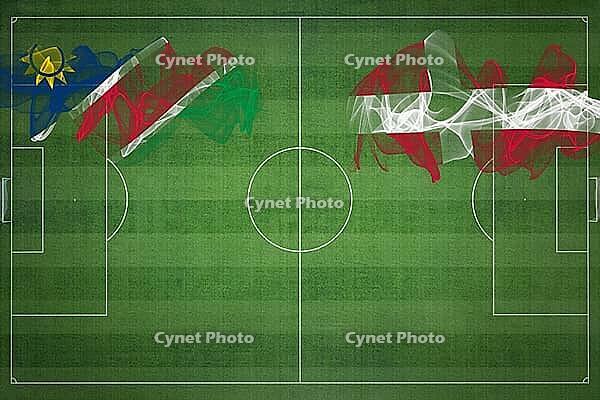 Namibia vs Denmark Soccer Match, national colors, national flags, soccer field, football game, Competition concept, Copy space [IBR124240905]