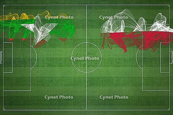 Myanmar vs Poland Soccer Match, national colors, national flags, soccer field, football game, Competition concept, Copy space [IBR124240912]