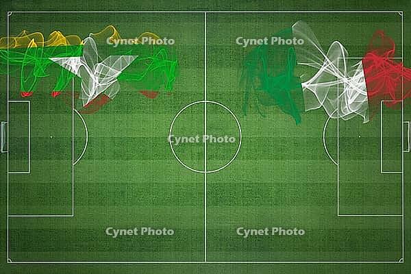 Myanmar vs Italy Soccer Match, national colors, national flags, soccer field, football game, Competition concept, Copy space [IBR124240914]