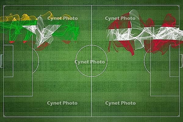 Myanmar vs Denmark Soccer Match, national colors, national flags, soccer field, football game, Competition concept, Copy space [IBR124240917]