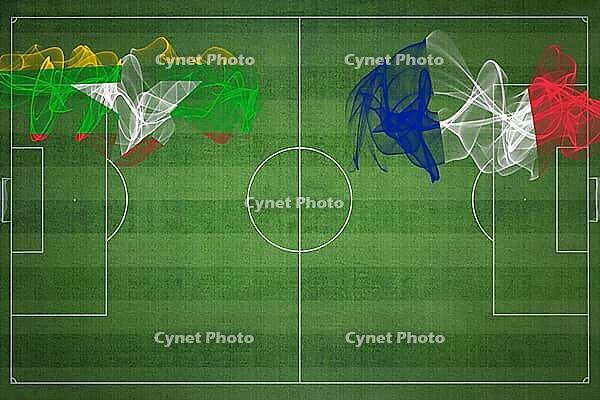 Myanmar vs France Soccer Match, national colors, national flags, soccer field, football game, Competition concept, Copy space [IBR124240918]
