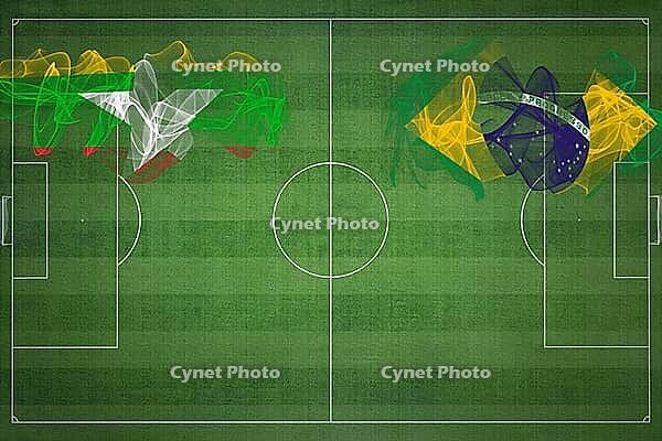Myanmar vs Brazil Soccer Match, national colors, national flags, soccer field, football game, Competition concept, Copy space [IBR124240920]