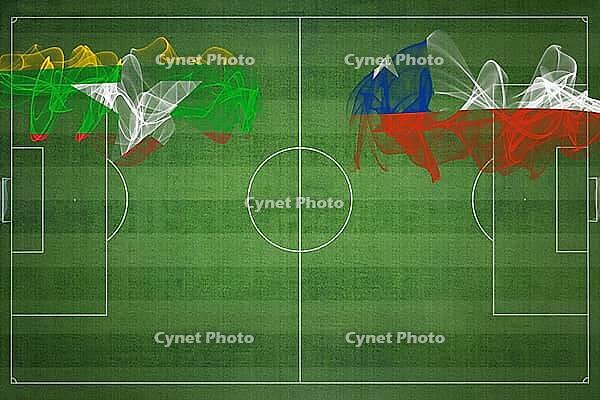Myanmar vs Chile Soccer Match, national colors, national flags, soccer field, football game, Competition concept, Copy space [IBR124240923]