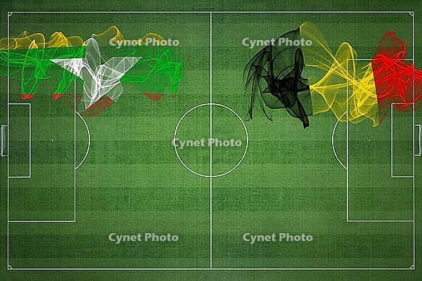 Myanmar vs Belgium Soccer Match, national colors, national flags, soccer field, football game, Competition concept, Copy space [IBR124240925]