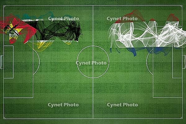 Mozambique vs Netherlands Soccer Match, national colors, national flags, soccer field, football game, Competition concept, Copy space [IBR124240926]