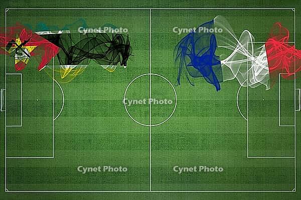 Mozambique vs France Soccer Match, national colors, national flags, soccer field, football game, Competition concept, Copy space [IBR124240927]