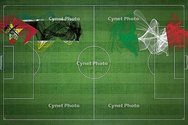 Mozambique vs Italy Soccer Match, national colors, national flags, soccer field, football game, Competition concept, Copy space [IBR124240929]