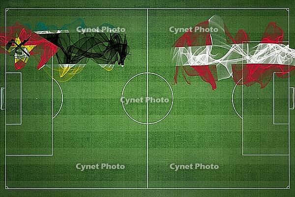 Mozambique vs Denmark Soccer Match, national colors, national flags, soccer field, football game, Competition concept, Copy space [IBR124240933]