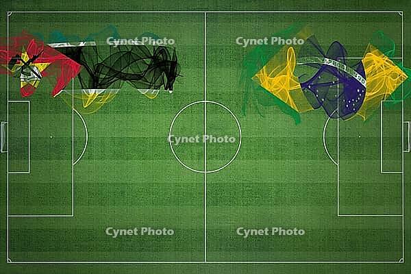 Mozambique vs Brazil Soccer Match, national colors, national flags, soccer field, football game, Competition concept, Copy space [IBR124240934]