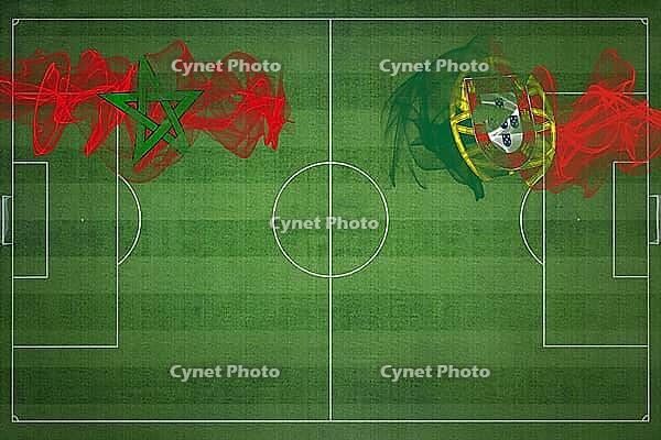 Morocco vs Portugal Soccer Match, national colors, national flags, soccer field, football game, Competition concept, Copy space [IBR124240940]