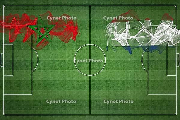 Morocco vs Netherlands Soccer Match, national colors, national flags, soccer field, football game, Competition concept, Copy space [IBR124240941]