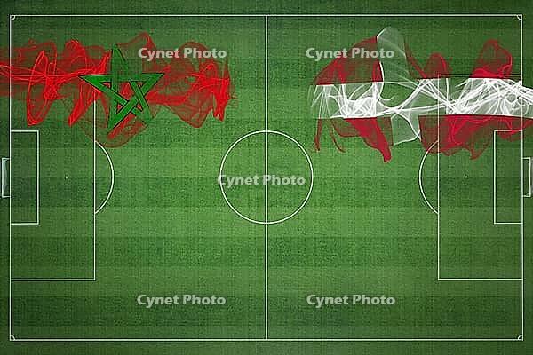 Morocco vs Denmark Soccer Match, national colors, national flags, soccer field, football game, Competition concept, Copy space [IBR124240943]