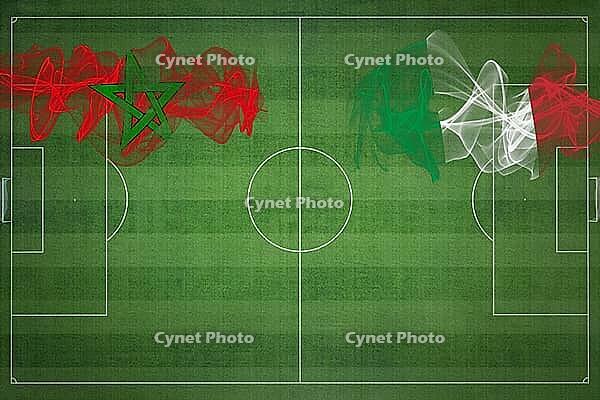 Morocco vs Italy Soccer Match, national colors, national flags, soccer field, football game, Competition concept, Copy space [IBR124240944]