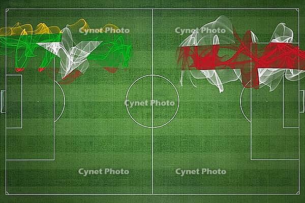 Myanmar vs England Soccer Match, national colors, national flags, soccer field, football game, Competition concept, Copy space [IBR124240945]
