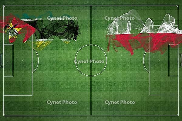 Mozambique vs Poland Soccer Match, national colors, national flags, soccer field, football game, Competition concept, Copy space [IBR124240946]