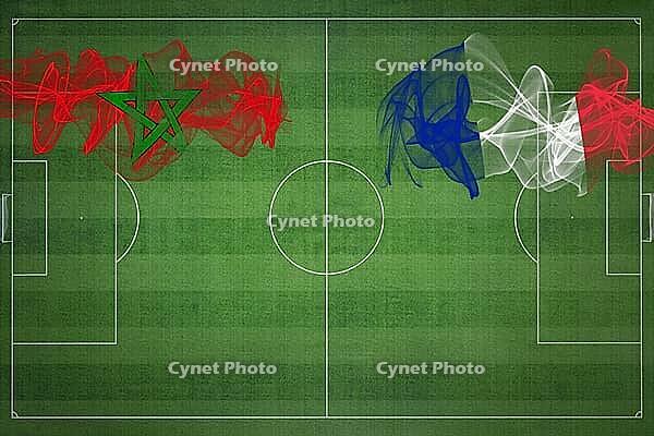 Morocco vs France Soccer Match, national colors, national flags, soccer field, football game, Competition concept, Copy space [IBR124240947]