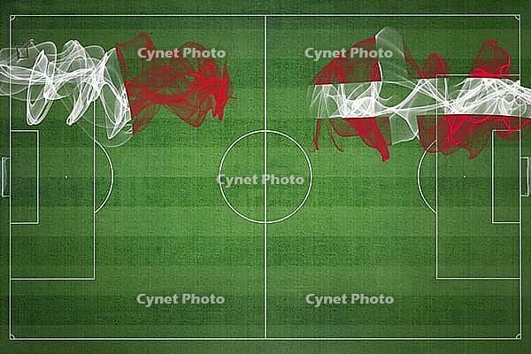 Malta vs Denmark Soccer Match, national colors, national flags, soccer field, football game, Competition concept, Copy space [IBR124240948]