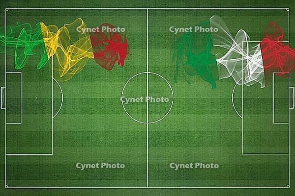 Mali vs Italy Soccer Match, national colors, national flags, soccer field, football game, Competition concept, Copy space [IBR124240957]