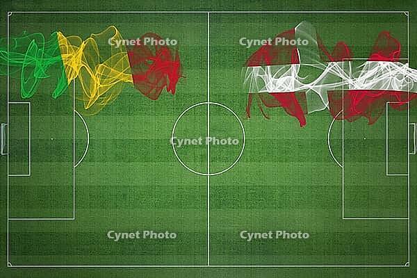 Mali vs Denmark Soccer Match, national colors, national flags, soccer field, football game, Competition concept, Copy space [IBR124240962]