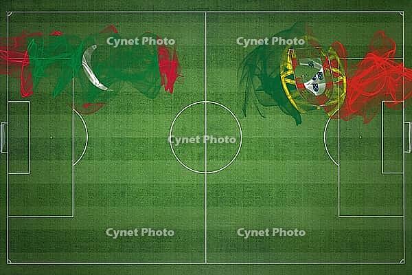 Maldives vs Portugal Soccer Match, national colors, national flags, soccer field, football game, Competition concept, Copy space [IBR124240966]