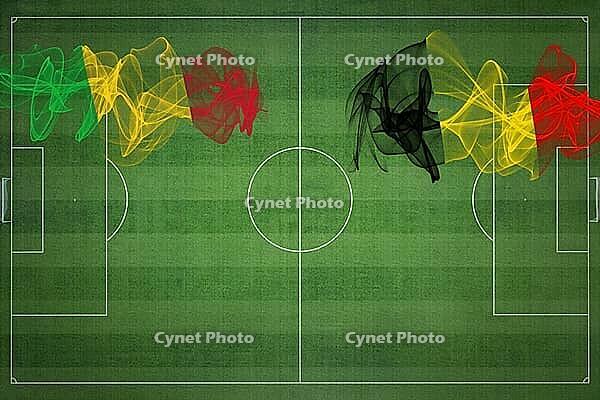 Mali vs Belgium Soccer Match, national colors, national flags, soccer field, football game, Competition concept, Copy space [IBR124240969]
