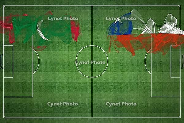 Maldives vs Chile Soccer Match, national colors, national flags, soccer field, football game, Competition concept, Copy space [IBR124240970]