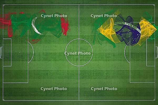 Maldives vs Brazil Soccer Match, national colors, national flags, soccer field, football game, Competition concept, Copy space [IBR124240974]