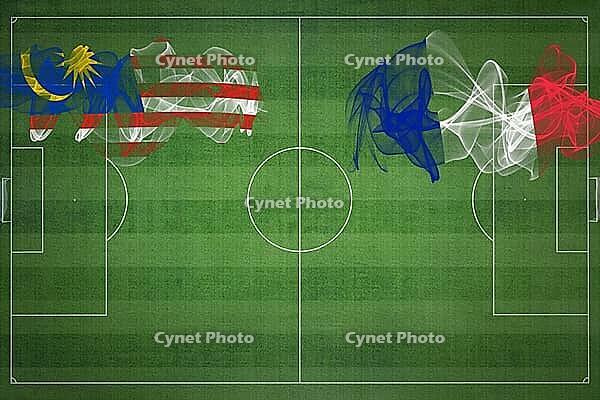 Malaysia vs France Soccer Match, national colors, national flags, soccer field, football game, Competition concept, Copy space [IBR124240976]