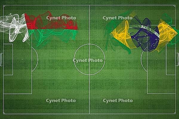 Madagascar vs Brazil Soccer Match, national colors, national flags, soccer field, football game, Competition concept, Copy space [IBR124240985]