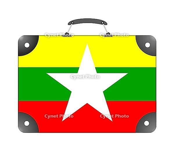 Myanmar country flag in the form of a travel suitcase on a white background - illustration [IBR124351730]