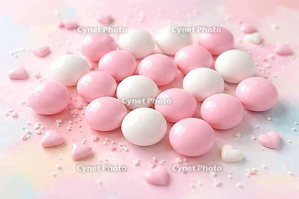 Pink and white candy balls on a pastel background with heart decoration, pastel candy, AI generated [IBR124458830]