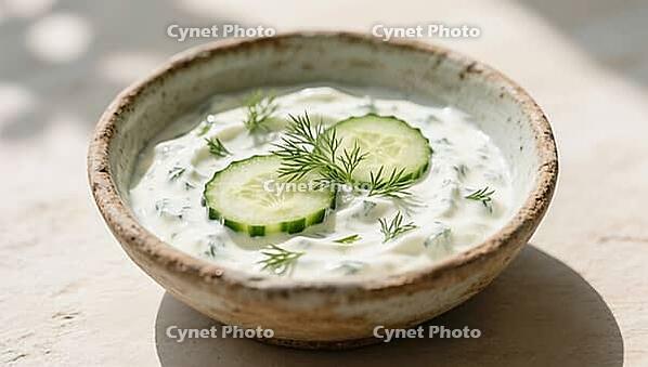 A herb dip with cucumber slices and dill in a bowl in natural light, delicious dip, perfect as a side dish for meals and parties, AI generates, AI generated [IBR124458832]