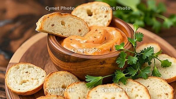 Creamy orange dip in a wooden bowl surrounded by crispy bread chips, delicious dip, perfect as a side dish for meals and parties, AI generates, AI generated [IBR124458833]