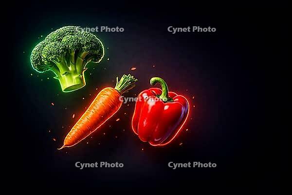 Colourful, glowing vegetables in neon colors against a black background, high-contrast display, healthy food, AI generated [IBR124458834]