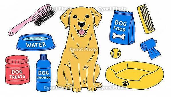 A cheerful golden dog illustration surrounded by pet supplies water bowl, food bag, treats, shampoo, brush, bed and toys, conveying grooming, feeding, care and playful ai generated [IBR124458835]