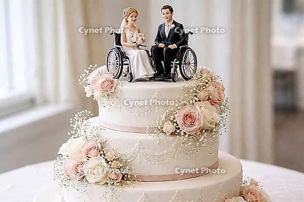 Two-story wedding cake with couple in wheelchair, decorated with roses and pearls, wedding cake or theme cake for couples in love, AI generated [IBR124458836]