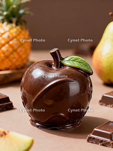Chocolate apple with green leaf, placed next to fruit and pieces of chocolate, delicious chocolate, presented in stalks, AI generated [IBR124458838]