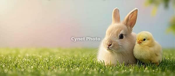 Cute baby bunny and yellow chick sitting together on fresh green grass with morning dew and soft pastel background, natural spring scene with copy space for Easter greeting card or banner design, AI generated [IBR124458839]