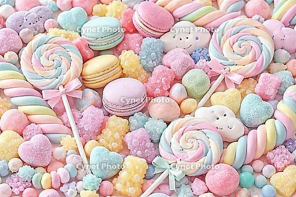 Multicolor sweets in pastel shades, including lollipops, macarons and jelly molds, pastel candy, AI generated [IBR124458840]