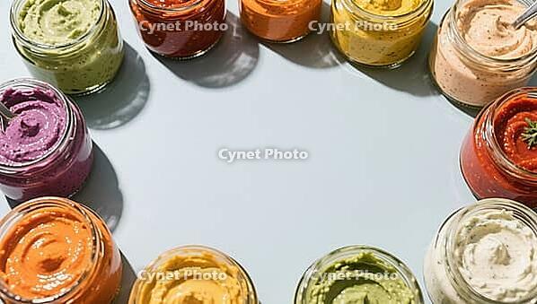 Different colored dips in glasses arranged in a circle on a light background, delicious dip, perfect as a side dish for meals and parties, AI generates, AI generated [IBR124458842]