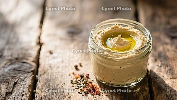 Hummus in a glass with olive oil and spices, on a wooden table, in natural light, delicious dip, perfect as a side dish for meals and parties, AI generates, AI generated [IBR124458843]