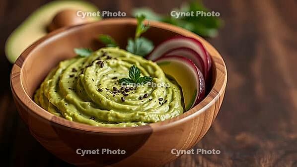 Creamy avocado dip in a wooden bowl, decorated with red onions and sesame, delicious dip, perfect as a side dish for meals and parties, AI generates, AI generated [IBR124458845]