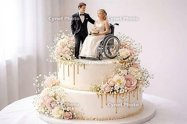 Two-tier wedding cake with floral arrangement in pastel shades and couple in wheelchair figure above, wedding cake or theme cake for couples in love, AI generated [IBR124458846]
