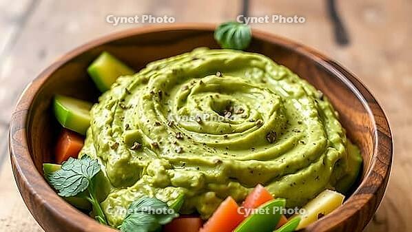 Creamy avocado dip in a wooden bowl surrounded by mixed vegetables, delicious dip, perfect as a side dish for meals and parties, AI generates, AI generated [IBR124458848]