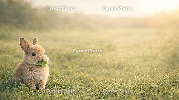 Baby rabbit eating clover while sitting in a wide sunlit spring meadow with soft morning light and ample copy space, AI generated [IBR124458851]