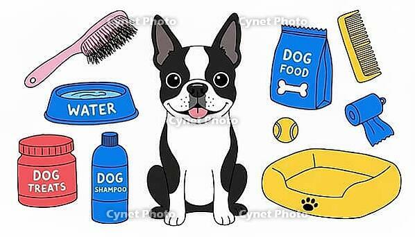 A cheerful dog illustration surrounded by pet supplies water bowl, food bag, treats, shampoo, brush, bed and toys, conveying grooming, feeding, care and playful ai generated [IBR124458853]