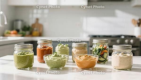 Various dips in glasses and bowls with vegetables in a modern kitchen, delicious dip, perfect as a side dish for meals and parties, AI generates, AI generated [IBR124458854]
