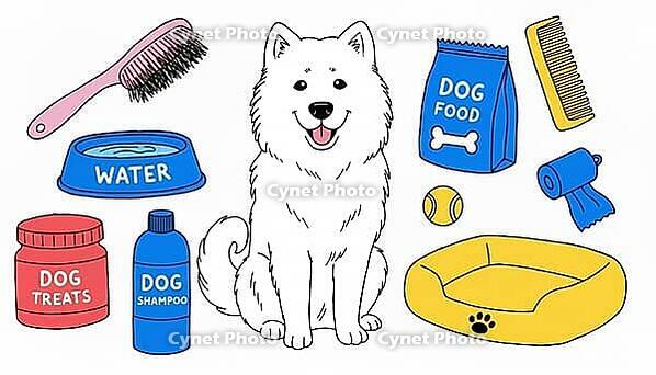 A cheerful white dog illustration surrounded by pet supplies water bowl, food bag, treats, shampoo, brush, bed and toys, conveying grooming, feeding, care and playful ai generated [IBR124458855]