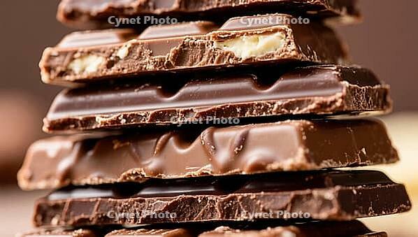 Stacked layers of dark chocolate with smooth surface and rich texture, delicious chocolate, beautifully presented, AI generated [IBR124458859]