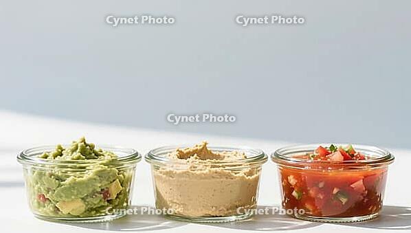 Three bowls of various fresh dips on a bright background, delicious dip, perfect as a side dish for meals and parties, AI generated [IBR124458862]